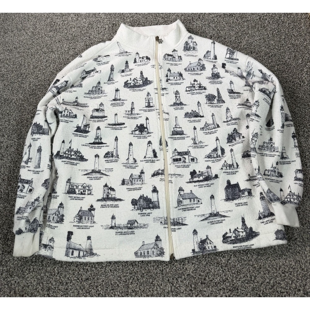 Vintage 90s Great Lakes Lighthouse Full Zip Fleece Jacket Men's Size 2XL White